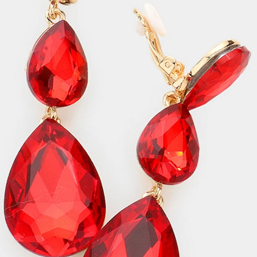 Red Dangle Crystal Clip On Earrings 3 Inch Triple Tear Drop ClipOns Jewelry